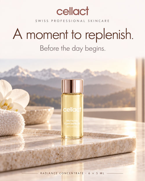 CELLACT RADIANCE CONCENTRATE — Swiss professional skincare hero. AI-rendered editorial scene.